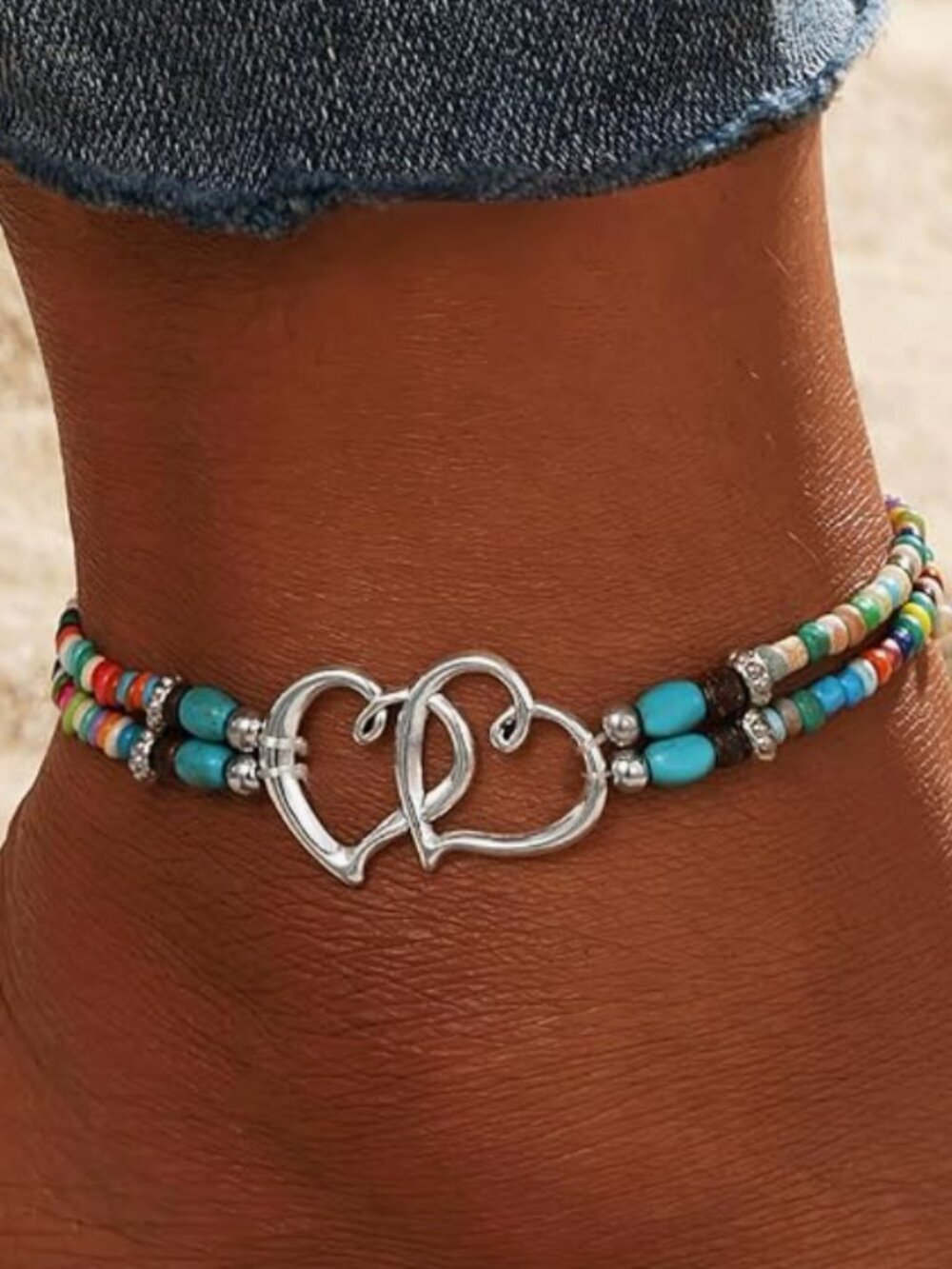 Boho Multicolor Beaded Double Heart Ankle Bracelet Turquoise & Silver New